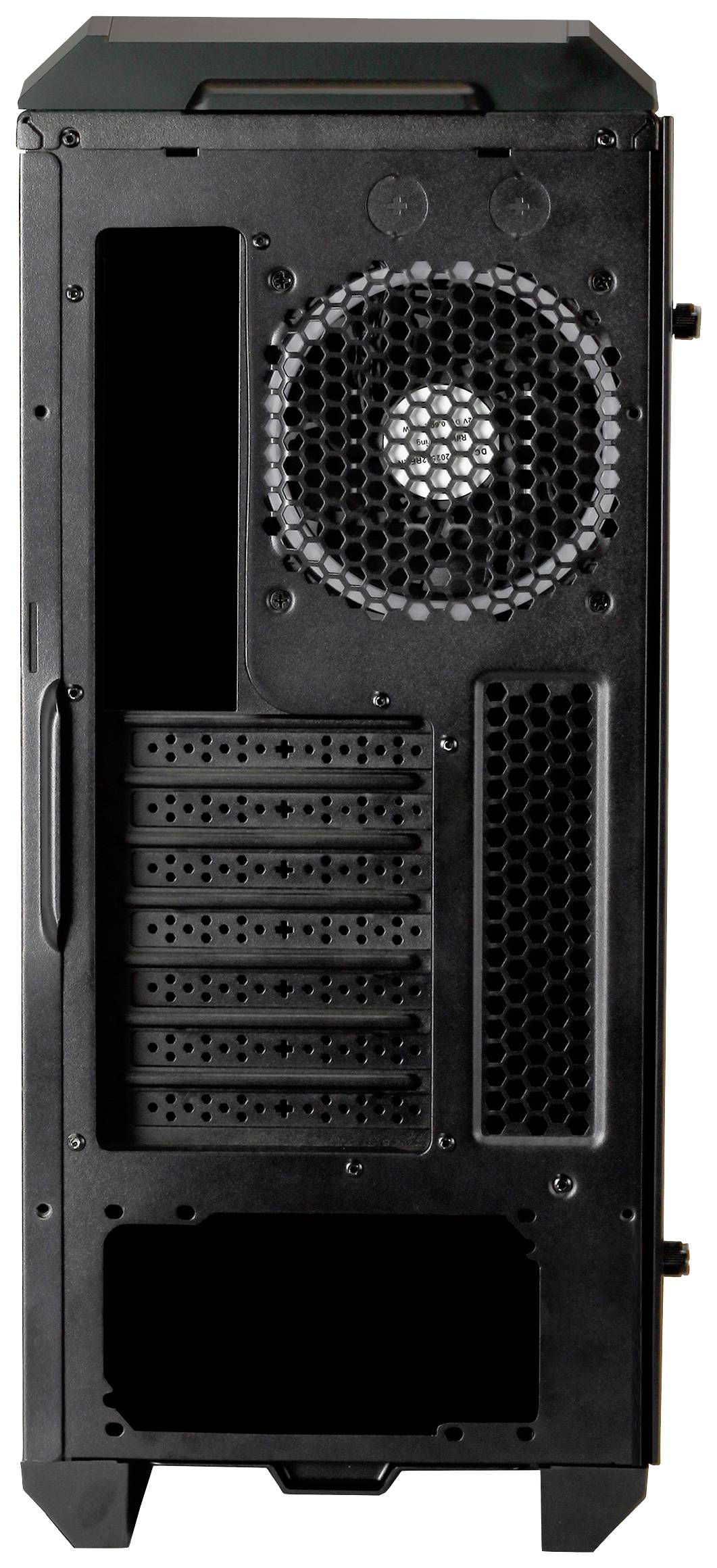 Tylna strona obudowy komputera z wentylatorem i slotsami rozszerzeń, przedstawiająca kratkę wentylacyjną oraz rozmieszczenie złączy i komponentów.