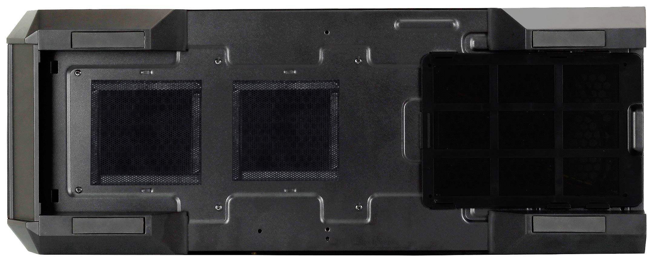 Metalowy spód komputera z widocznymi kratkami wentylacyjnymi i filtrami przeciwkurzowymi, które przyczyniają się do wentylacji i utrzymania czystości.