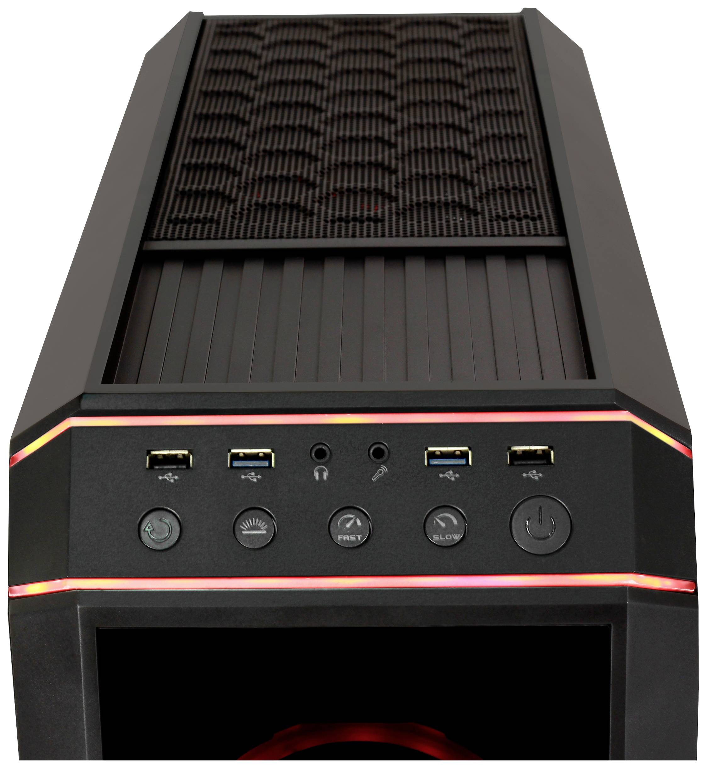 Czarna obudowa komputera z panelem sterowania na górze. Widoczne są porty USB, złącza audio oraz przycisk włączania/wyłączania z podświetleniem LED.