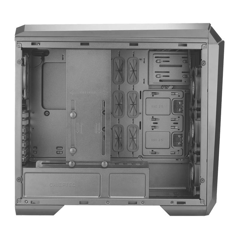 Otwarta obudowa komputera, ukazująca wewnętrzną strukturę z kieszeniami na dyski twarde, mocowaniami wentylatorów oraz opcjami zarządzania kablami.