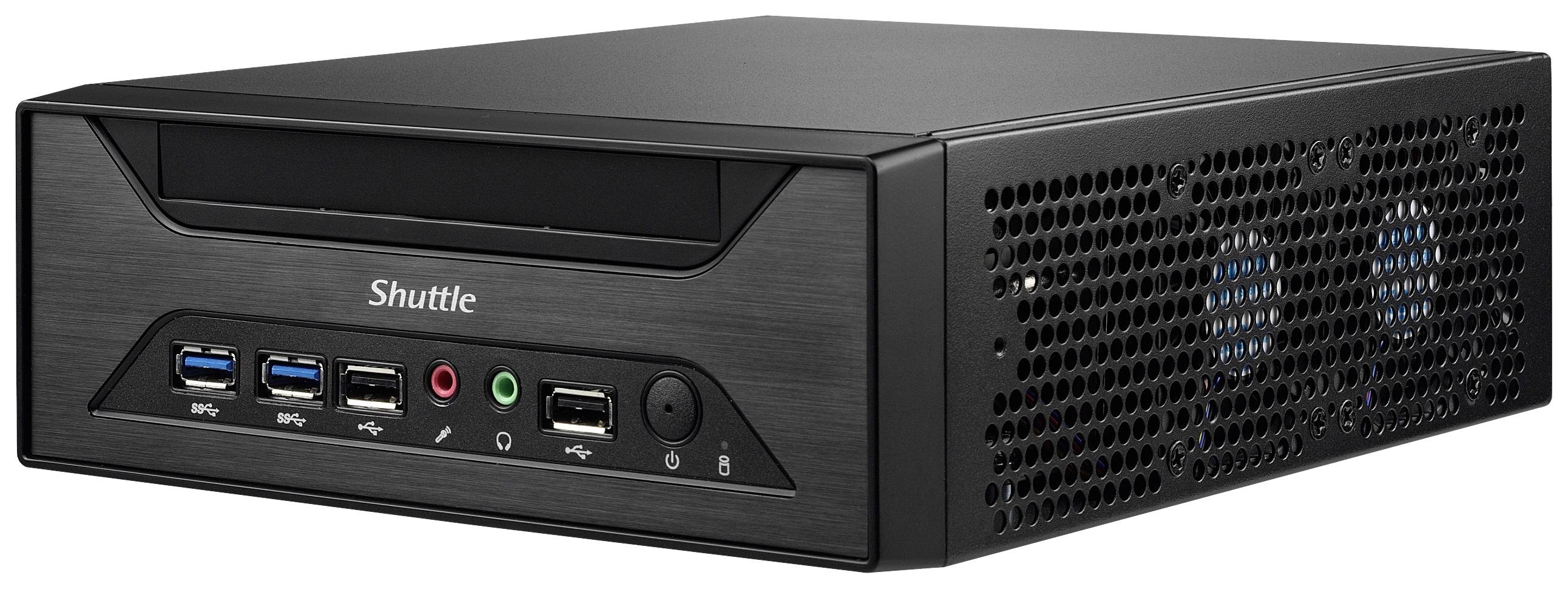 Kompaktowy czarny mini-komputer z wieloma złączami USB, gniazdami audio oraz otworami wentylacyjnymi po bokach.