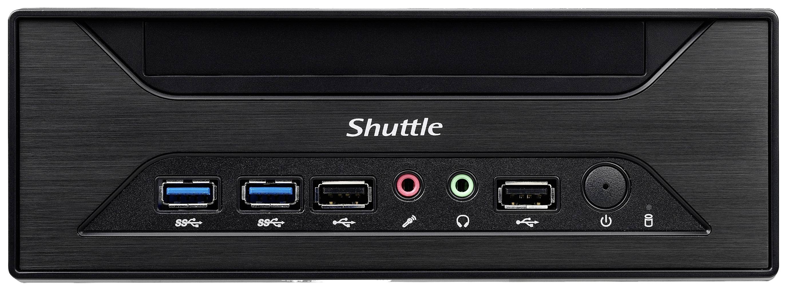 Czarny komputer Shuttle z wieloma portami USB, wejściami audio oraz włącznikiem sieciowym na przedniej ściance.