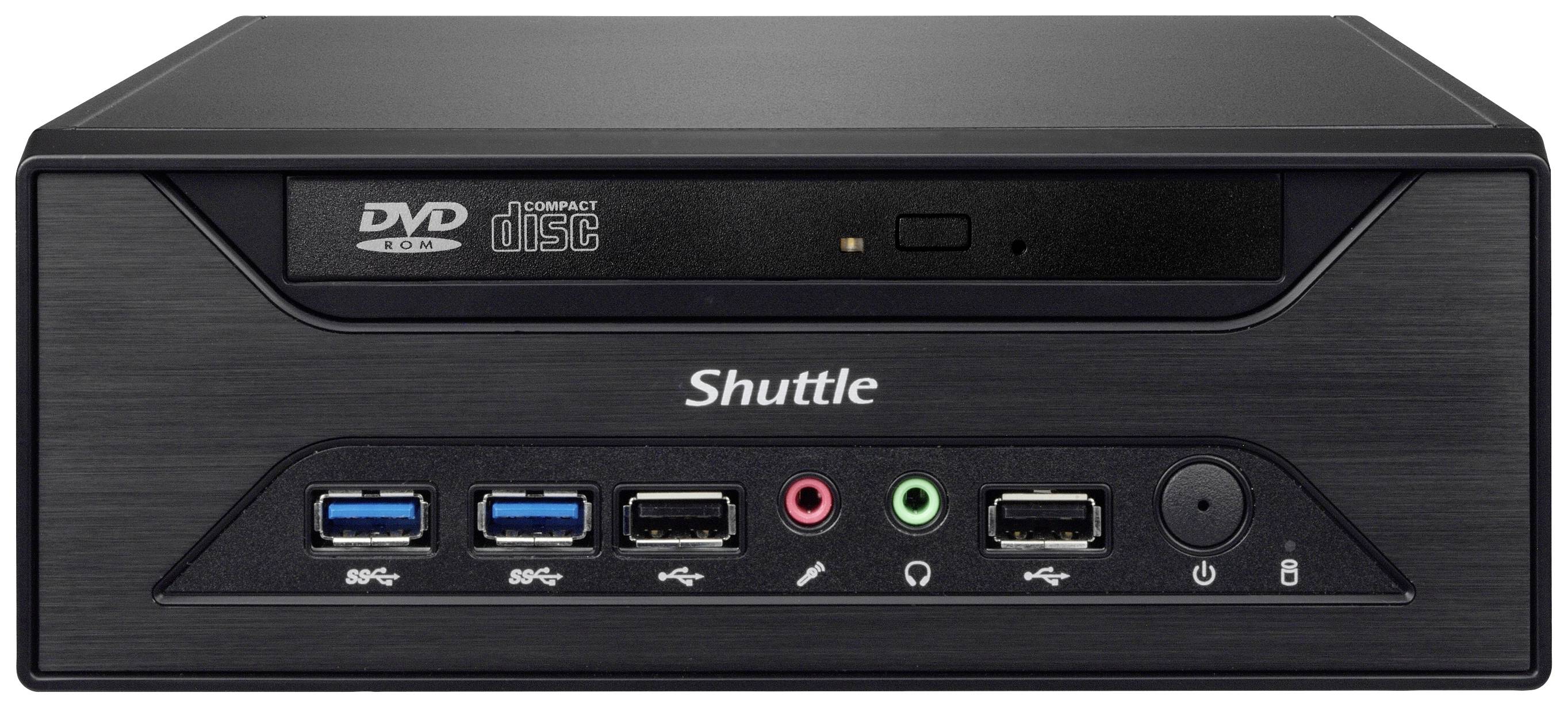 Czarny mini-komputer Shuttle z napędem DVD i wieloma portami USB z przodu. Idealny do kompaktowych przestrzeni roboczych.