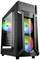Czarna obudowa komputera z dwoma podświetlanymi wentylatorami z przodu, boczne okno pozwala zobaczyć komponenty wewnętrzne.