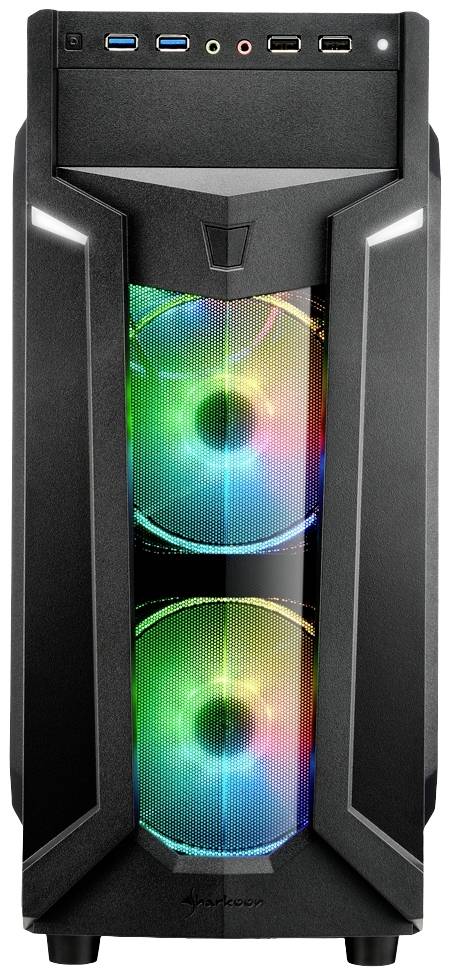 Czarna obudowa komputera z dwoma dużymi, kolorowymi wentylatorami LED z przodu. Na górze znajdują się złącza USB oraz audio.