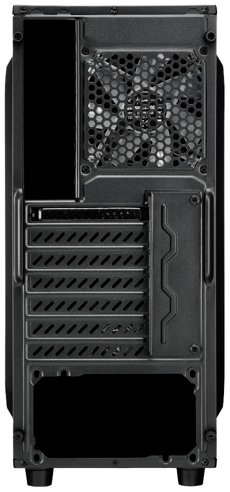 Czarna obudowa komputera widziana od tyłu z otworami wentylacyjnymi, slotem rozszerzeń i gniazdem zasilania u dołu.