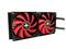 Wentylator komputerowy z dwoma obracającymi się rotorami w kolorach czerwonym i czarnym, z wyraźnym symbolem '+' pośrodku, zamontowany w prostokątnej ramie.