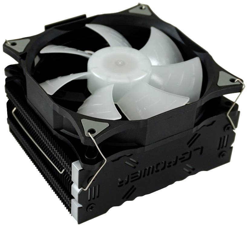 Chłodnica powietrzna z dużym wentylatorem i czarnym radiatorem dla procesorów komputerowych, oznaczona logo 'LC-Power'.