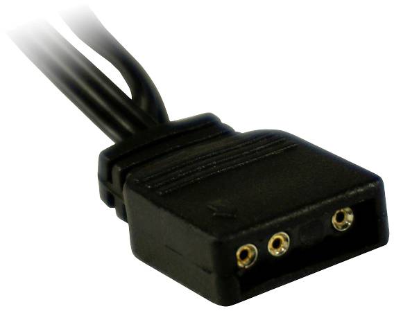 Czarny adapter kablowy z trzema okrągłymi, złotymi złączami na jednym płaskim końcu, odpowiedni do łączenia urządzeń elektronicznych.