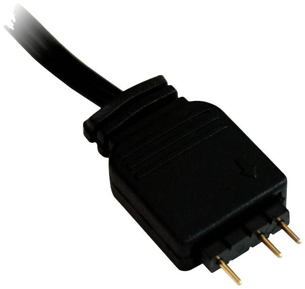 Czarny trójbiegunowy wtyk z płaskim przewodem, przedstawiający trzy złote styki, odpowiedni do połączeń elektronicznych.