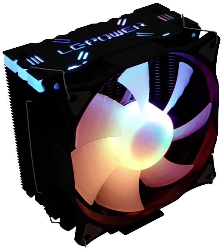 Wentylator komputerowy z podświetleniem RGB; obudowa jest wykonana z czarnego metalu, a skrzydła są przezroczyste i świecą w różnych kolorach.