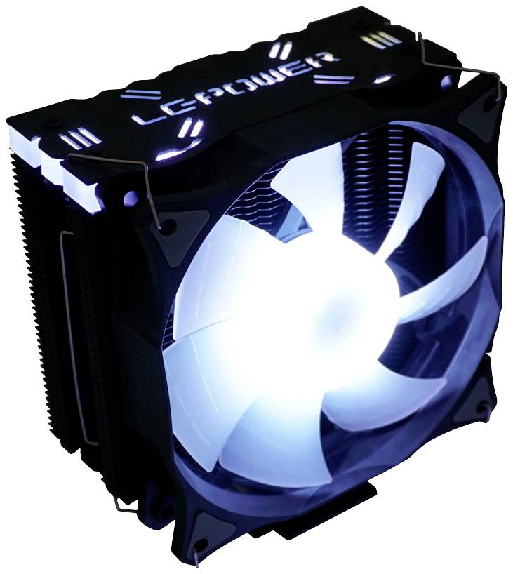 Chłodnica powietrza z dużym, świecącym wentylatorem i żeberkami chłodzącymi, oznaczona logo 'LEPOWER' na górnej powierzchni.