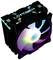 Czarny chłodnik CPU z podświetlanym wentylatorem. Wentylator świeci różnymi kolorami. Na górze widnieje napis 'LCPOWER'.