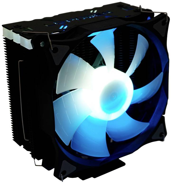 Czarny wentylator komputerowy z niebieskim podświetleniem LED, zamontowany w czarnej ramce, odpowiedni do chłodzenia komputera.