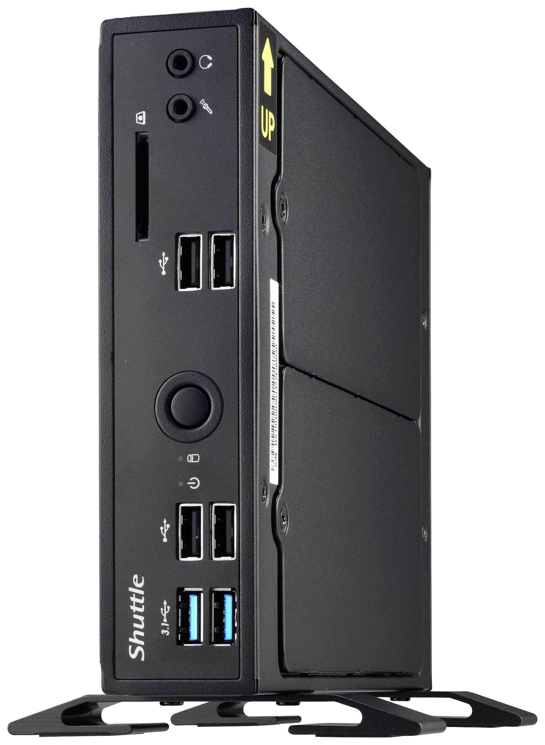 Kompaktowy czarny mini-komputer Shuttle z wieloma portami USB oraz przyciskiem zasilania po jednej stronie oznaczonym napisem 'UP'.