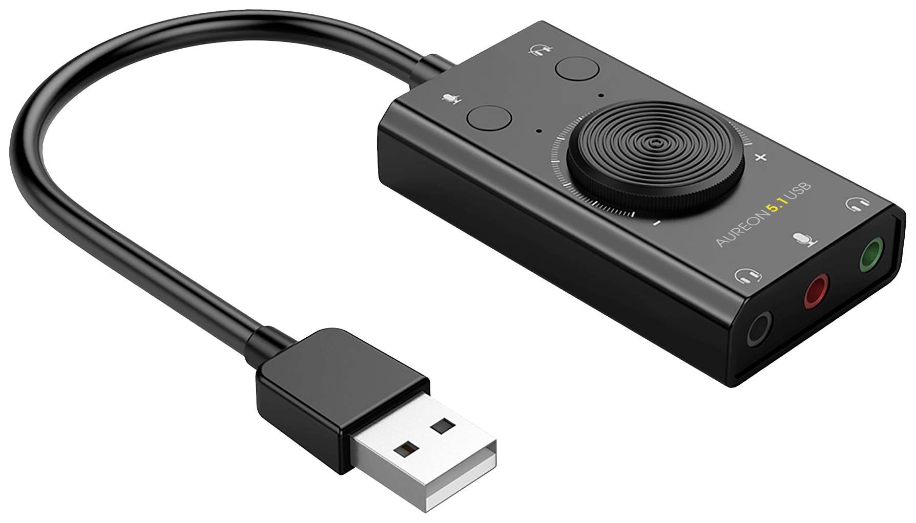 Zewnętrzna karta dźwiękowa USB z regulacją głośności oraz złączami dla słuchawek i mikrofonu, odpowiednia do komputera stacjonarnego lub laptopa.