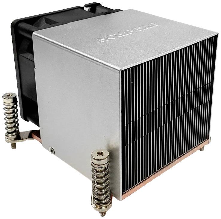 Srebrny radiator CPU z wentylatorem i odprowadzeniem ciepła. Prostokątna konstrukcja z dwoma śrubami sprężystymi do mocowania.