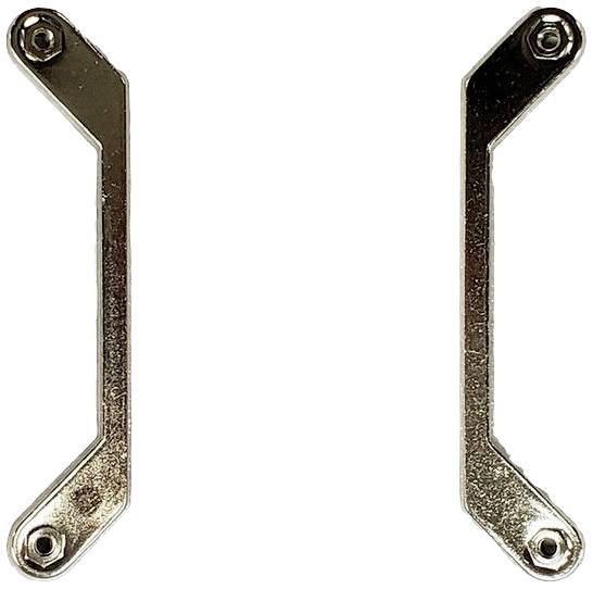 Dwa metalowe, kątowe elementy mocujące w kształcie litery L z otworami na końcach, umieszczone symetrycznie obok siebie na białym tle.