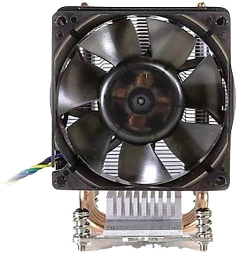 Wentylator komputerowy z radiatorem, widok z przodu. Wentylator jest czarny, o wielu łopatkach, a radiator wykonany jest z metalu.