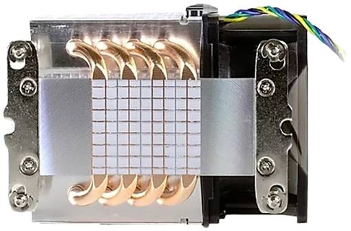Radiator z miedzianymi rurkami cieplnymi i małym wentylatorem, stosowany do chłodzenia urządzeń elektronicznych, takich jak procesory.