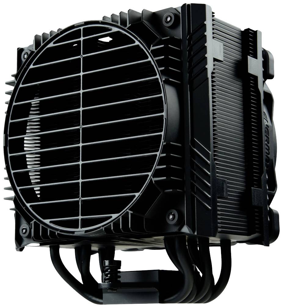 Duży czarny radiator procesora z kratką wentylatora i żeberkami, przeznaczony do wydajnych komputerów w celu skutecznego odprowadzania ciepła.