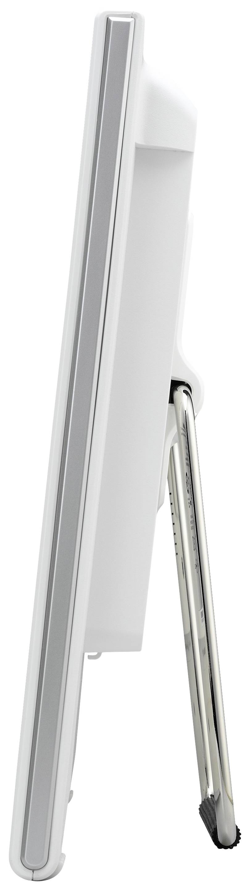 Boczny widok monitora komputerowego ze stabilną metalową podstawą ustawioną pod lekkim kątem.