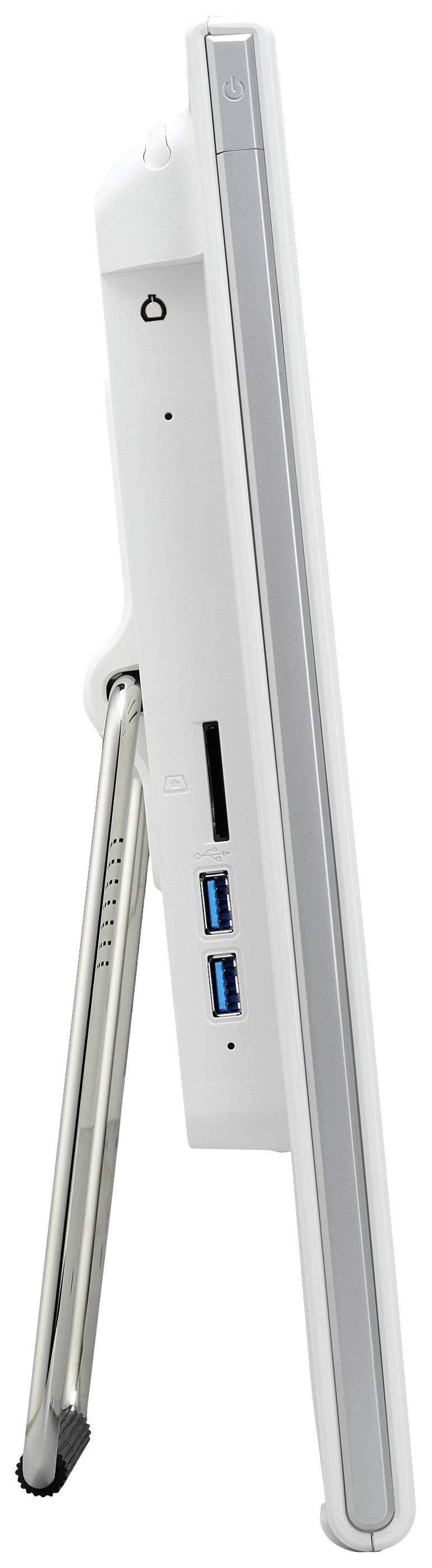 Boczny widok białego monitora komputerowego z gniazdami USB i składaną podstawką ukazuje smukłą sylwetkę.