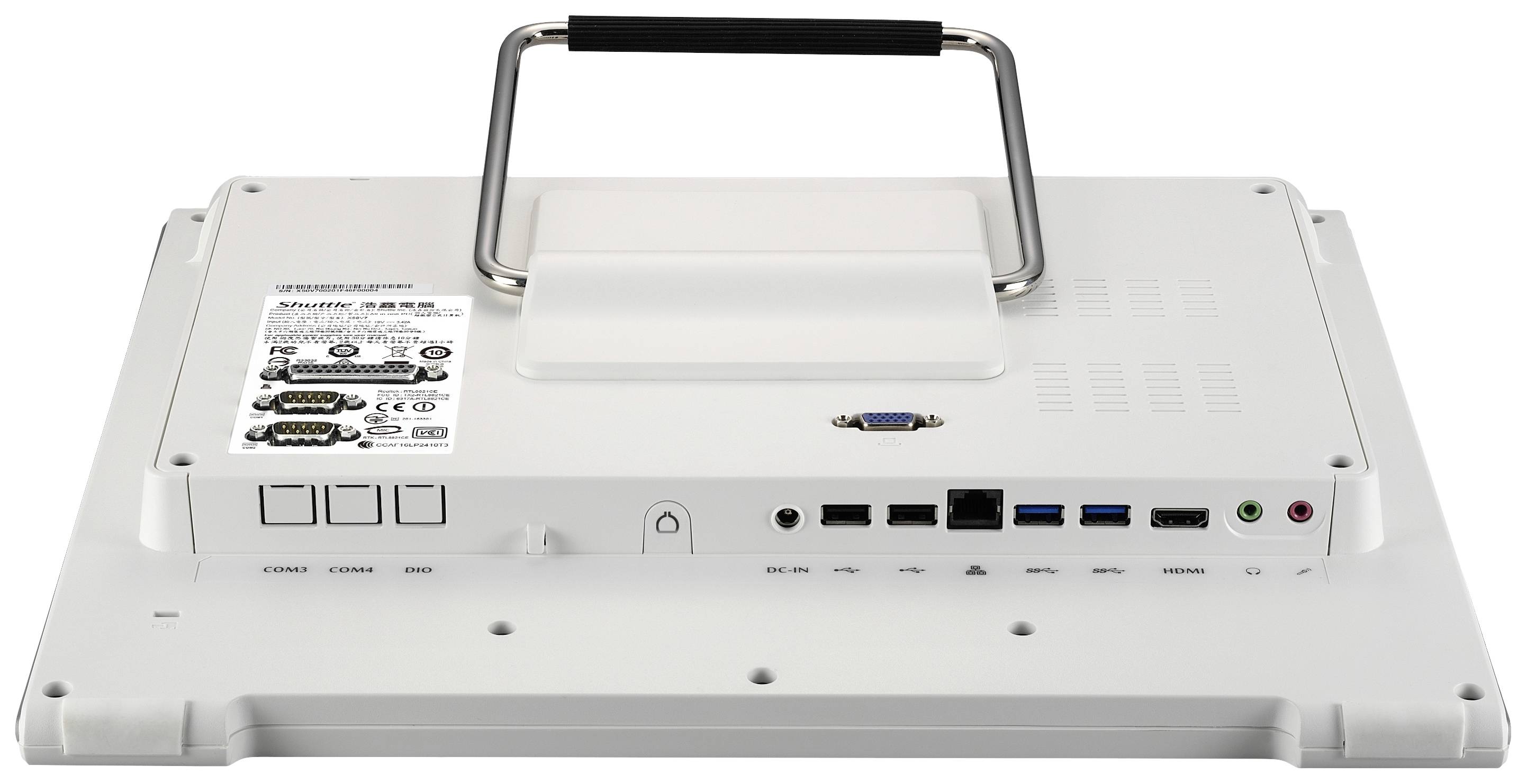 Widok z tyłu białego monitora z uchwytem, wieloma portami i przełącznikami.