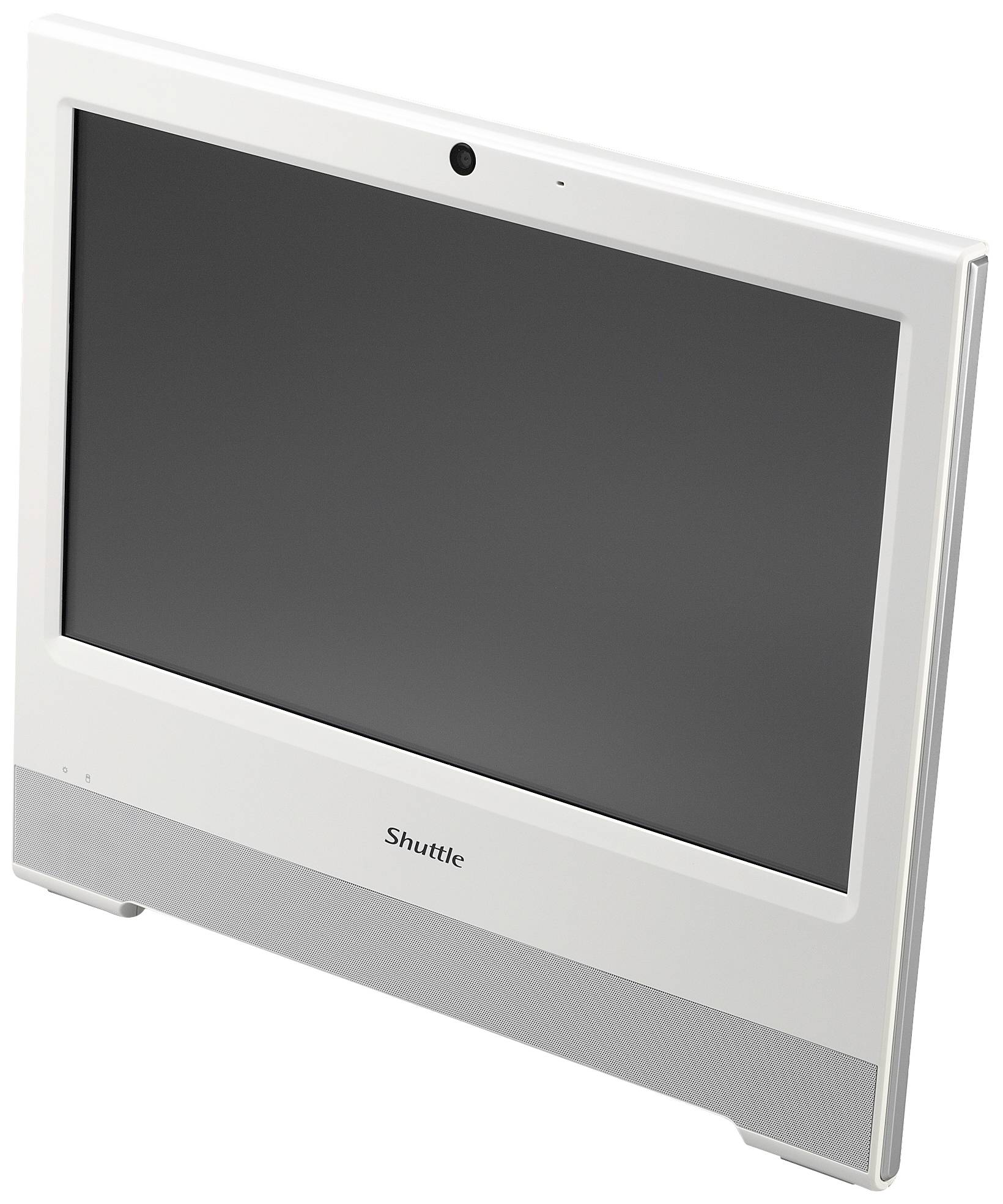 Biały monitor komputerowy z czarnym ekranem i zintegrowaną kamerą u góry.