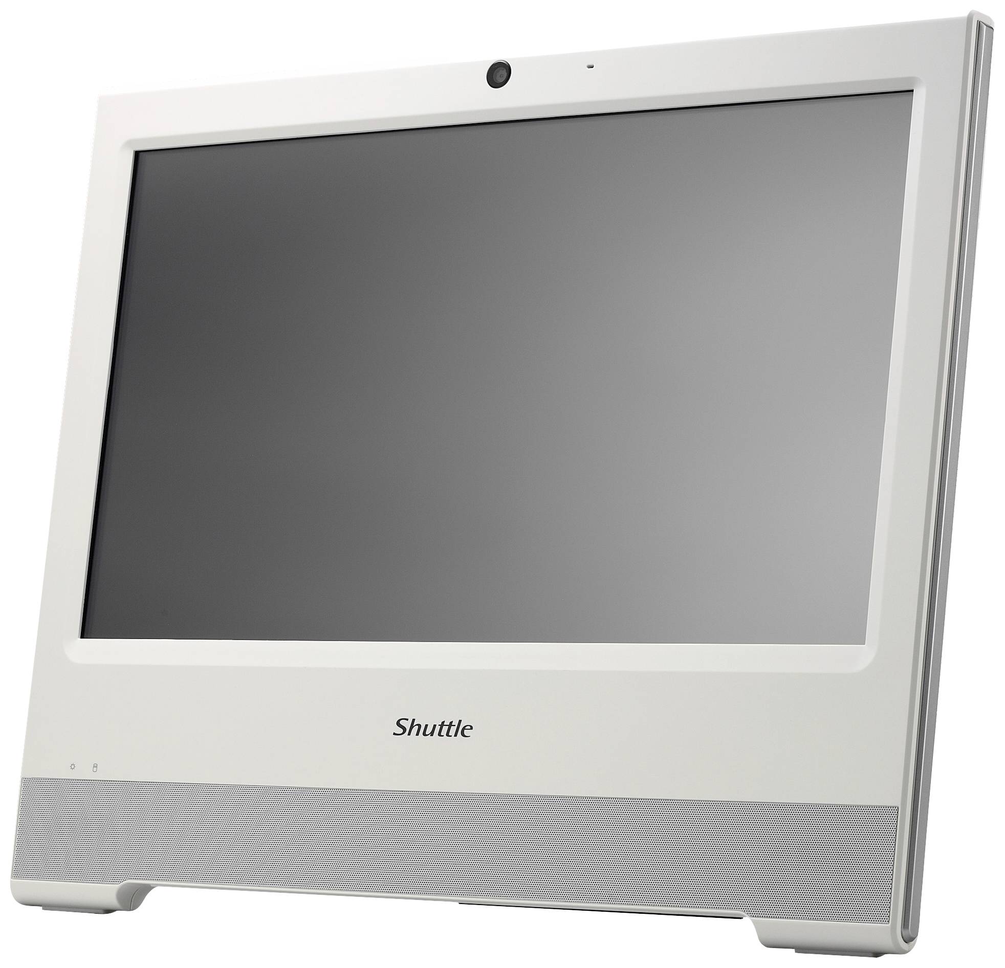 Biały, smukły ekran komputerowy z nazwą marki 'Shuttle' na dole. Ekran jest wyłączony.