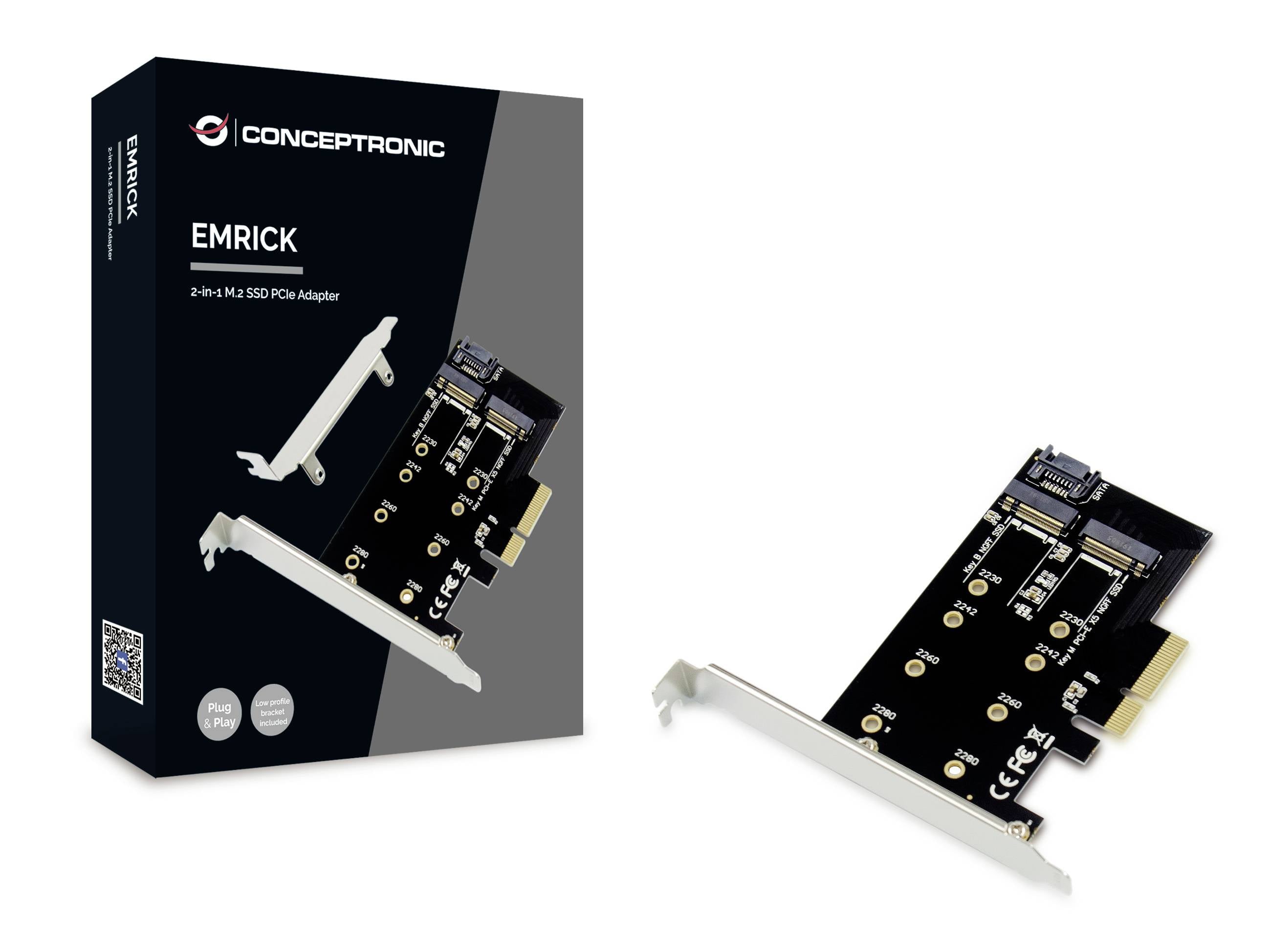 Karta adaptera PCIe 'EMRICK' i opakowanie. Adapter obsługuje 2 dyski SSD NVMe M.2 do komputerów stacjonarnych.