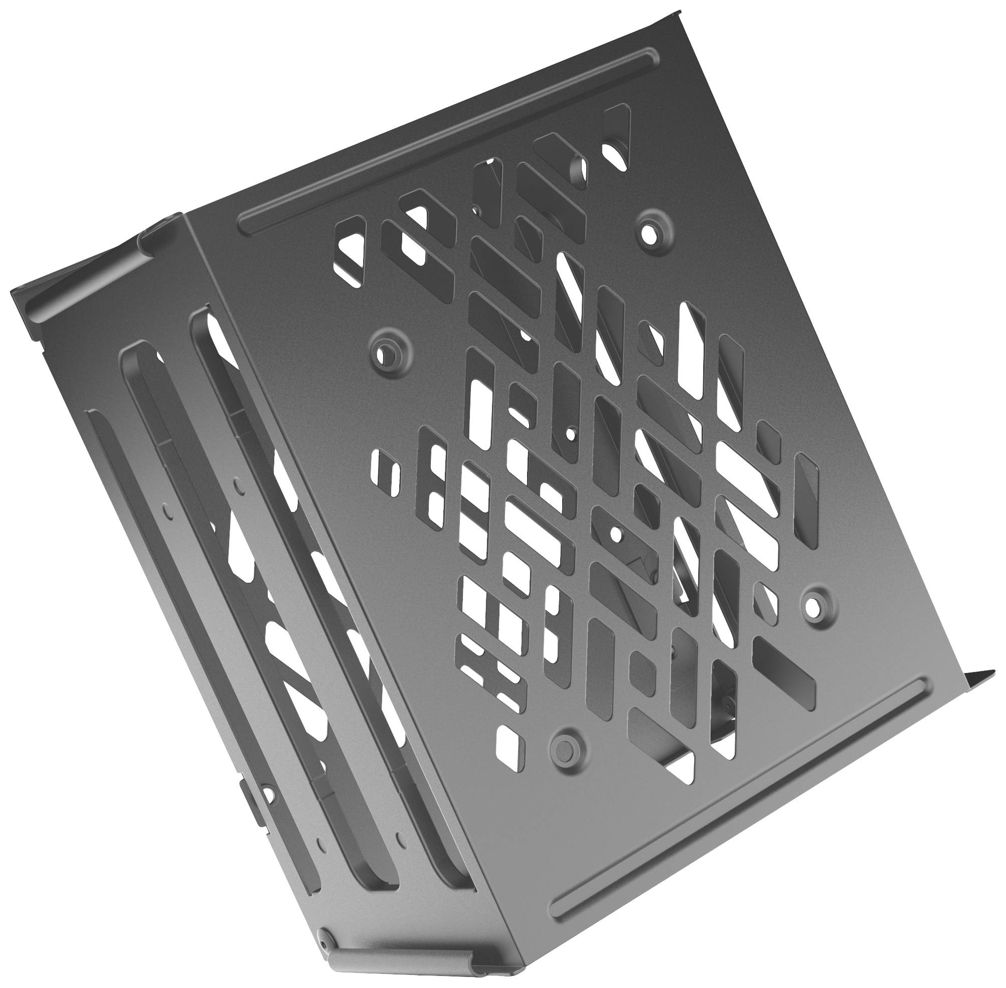 Metalowa mocowanie z geometrycznymi wycięciami. Jest przedstawione pod skosem, co pozwala dostrzec jego projekt i strukturę.