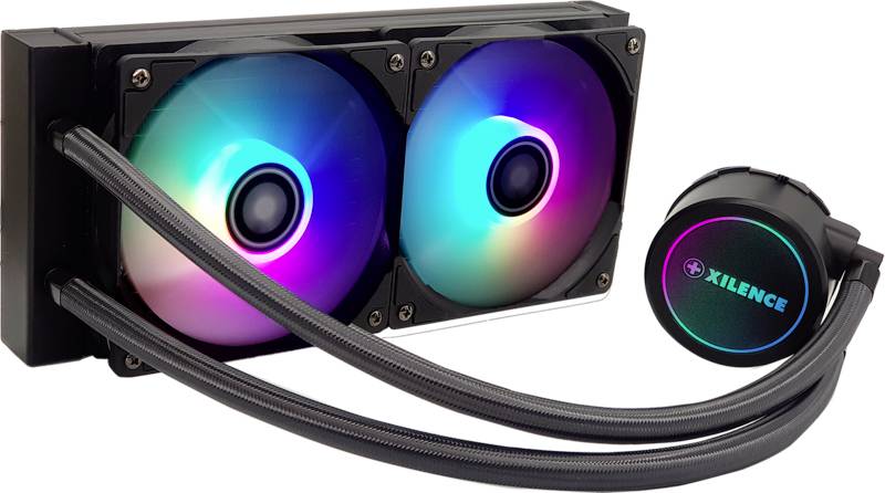 Wodny system chłodzenia z dwoma wentylatorami LED Neon oraz pompą z nadrukiem logo 'XILENCE'.