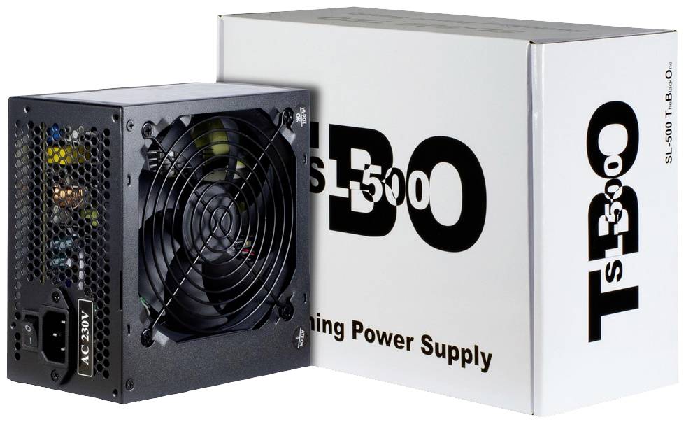 Czarny zasilacz komputerowy z wentylatorem obok białego kartonu z napisem 'TS-500'; odpowiedni do komputerów stacjonarnych.