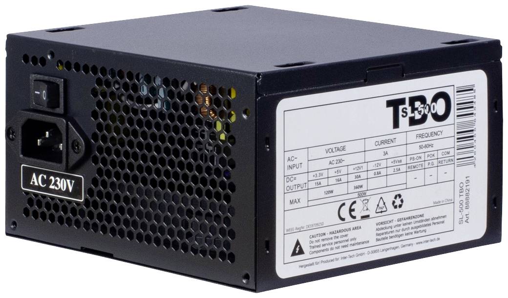 Czarny zasilacz komputerowy TD500 z etykietą: wejście AC 230V, moc wyjściowa 500W. Posiada tylną obudowę z kratką wentylacyjną.