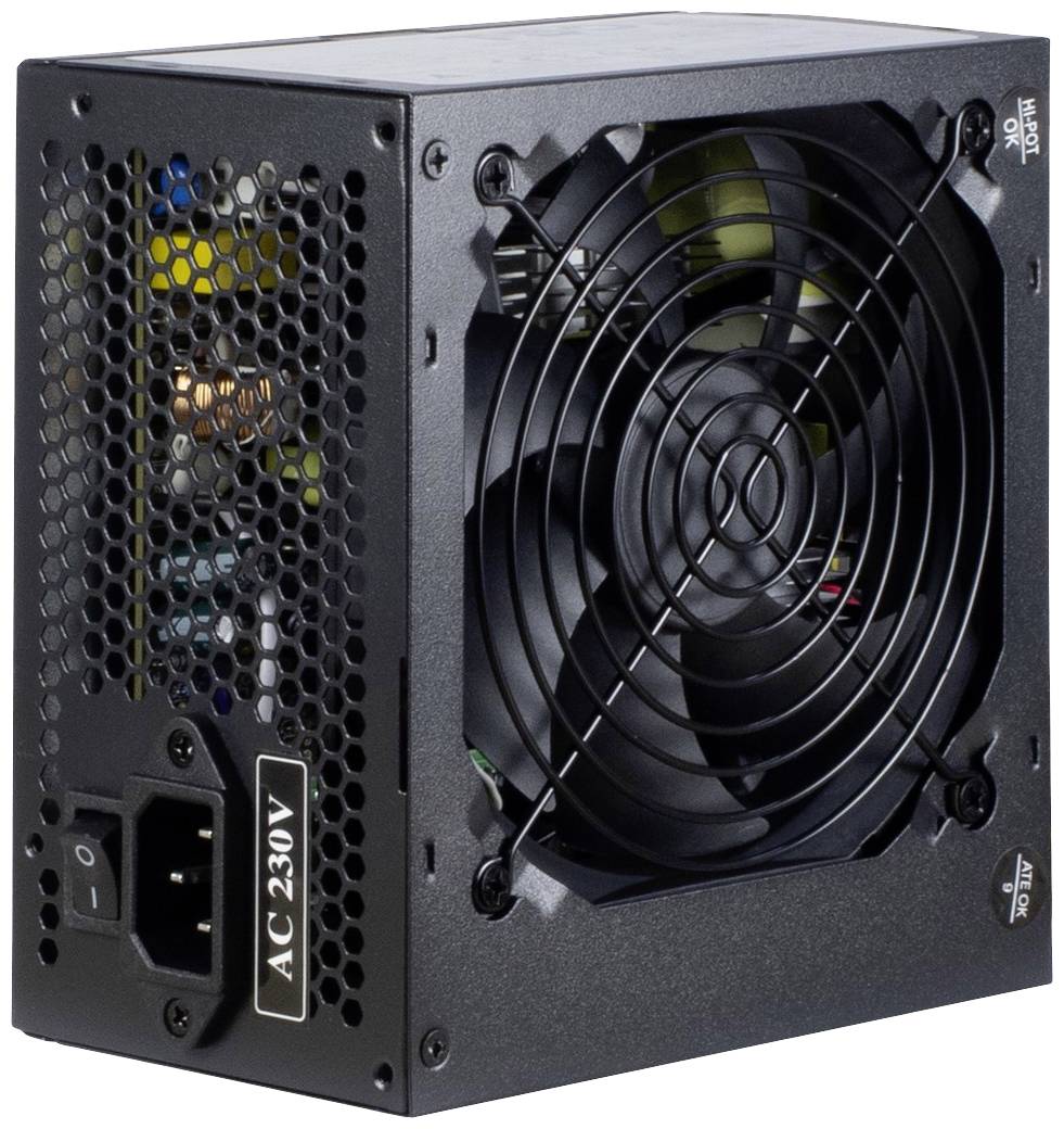 Czarny zasilacz komputerowy z wentylatorem, kratką wentylacyjną i gniazdem zasilającym. Widoczne oznaczenie 'AC 230V'.