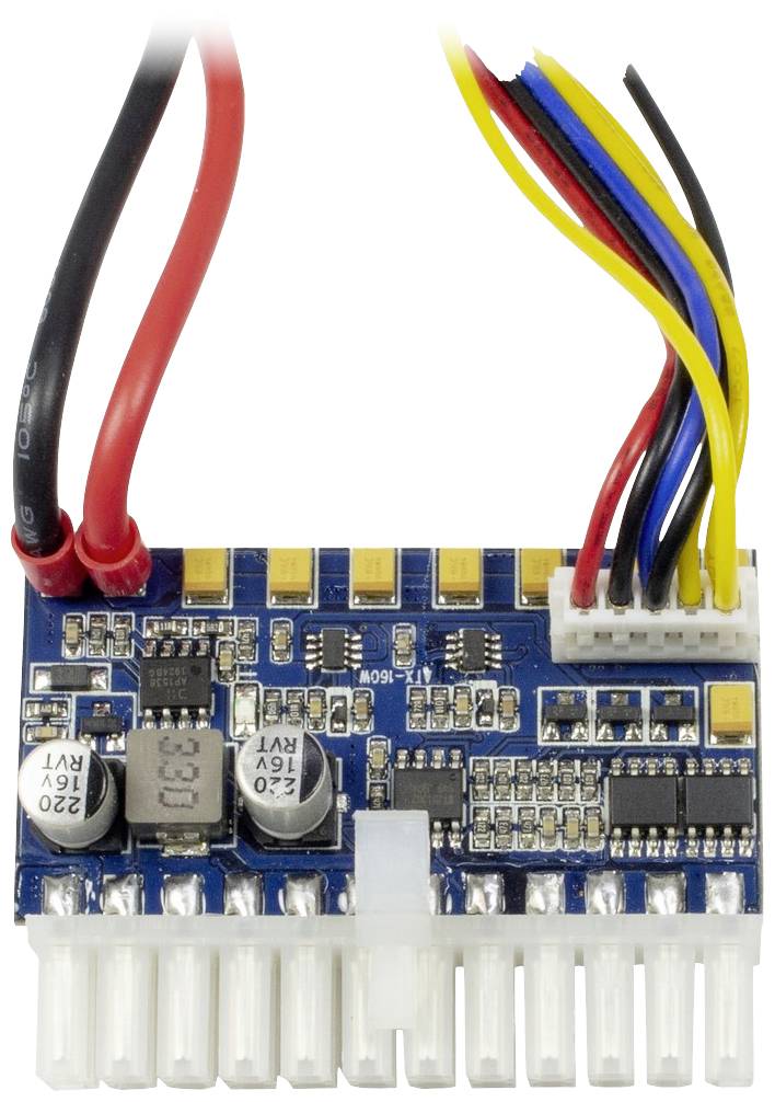 Kompaktowa płytka elektroniczna z wielokolorowymi przewodami i złączami.