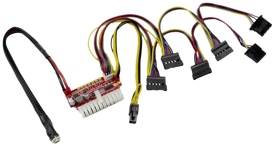 Pokazana jest elektroniczna płytka drukowana z wieloma kolorowymi przewodami i wtyczkami. Wydaje się, że jest częścią systemu zasilania.