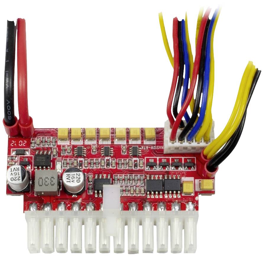 Czerwona płytka drukowana z wieloma złączami i przewodami w różnych kolorach. Zawiera komponenty elektroniczne.