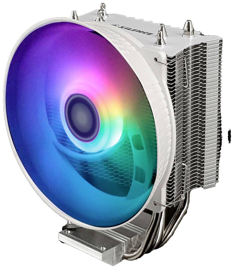 Chłodnica procesora z dużym, okrągłym wentylatorem, który świeci w spektrum kolorów tęczy; metalowe żebra chłodzące.
