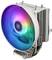 Chłodnica procesora z dużym, okrągłym wentylatorem, który świeci w spektrum kolorów tęczy; metalowe żebra chłodzące.