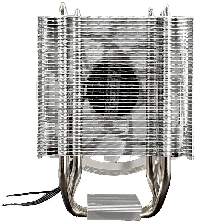 Srebrny radiator procesora z żeberkami i ciepłowodami, ujęcie z przodu. Posiada wbudowany wentylator do chłodzenia procesorów komputerowych.