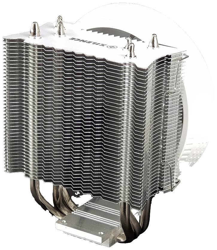Duży, pionowo zamontowany radiator procesora z wieloma aluminiowymi żeberkami i rurkami heat pipe, bez wentylatora, do chłodzenia komputera.