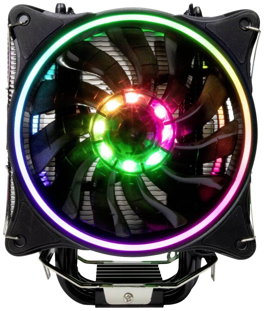 Wentylator komputerowy z kolorowymi diodami LED w czarnej obudowie, wyświetlający świecące kolory w kole wokół łopatek wentylatora.