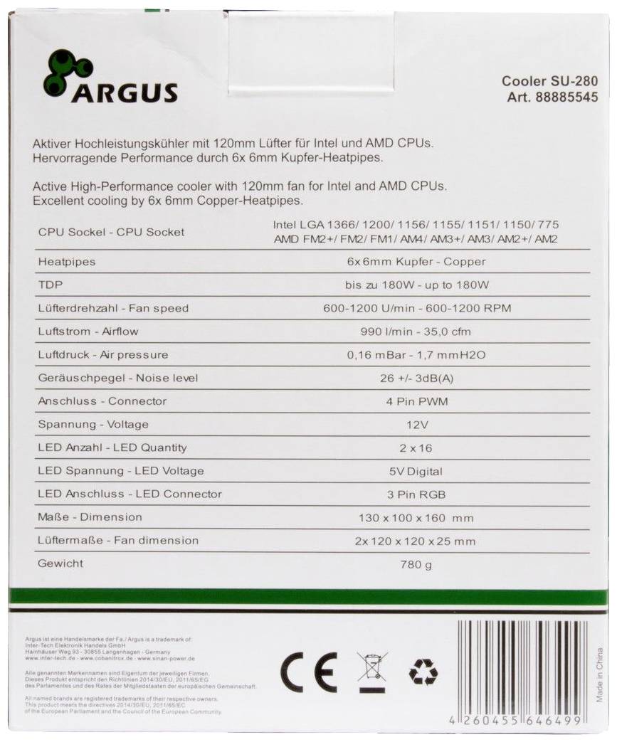 'ARGUS Chłodnica SU-280: Wydajny radiator z wentylatorem 120mm do procesorów Intel i AMD, 6x 6mm miedziane rurki cieplne. TDP do 180W.'