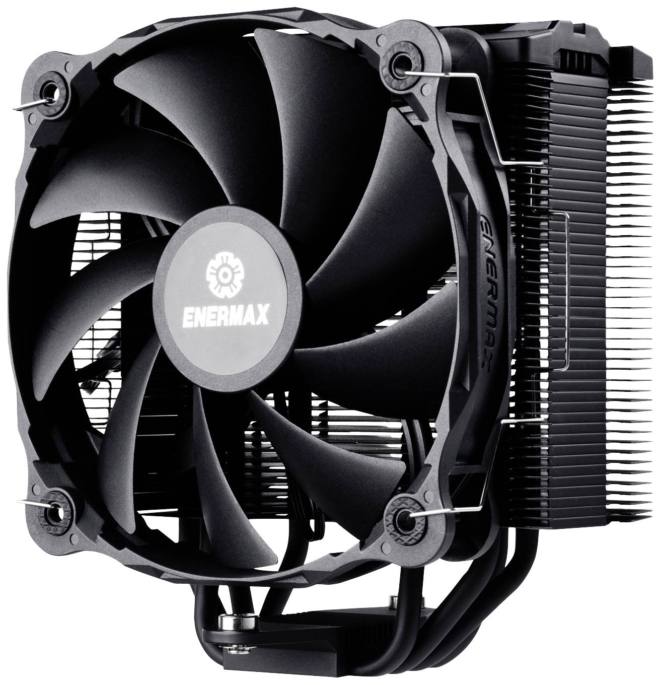Czarny radiator CPU firmy Enermax z dużymi łopatkami wentylatora i żeberkami, zapewniający efektywne odprowadzanie ciepła z procesorów komputerowych.