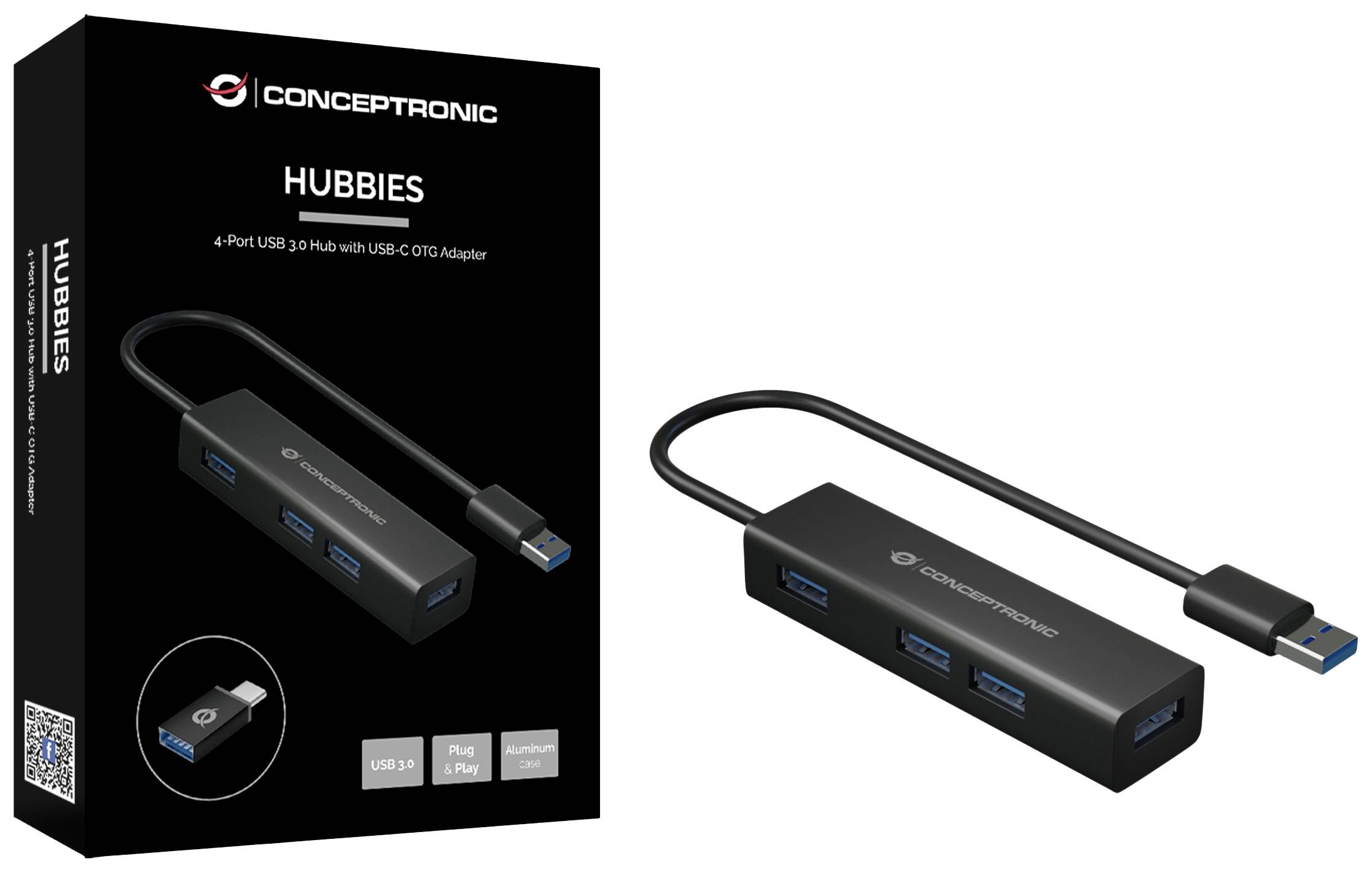 Rozgałęziacz USB 3.0 'CONCEPTRONIC HUSBIES' z 4 portami. Przedstawiony w oryginalnym rozmiarze i opakowaniu. Kompatybilny z adapterami USB-C/10.