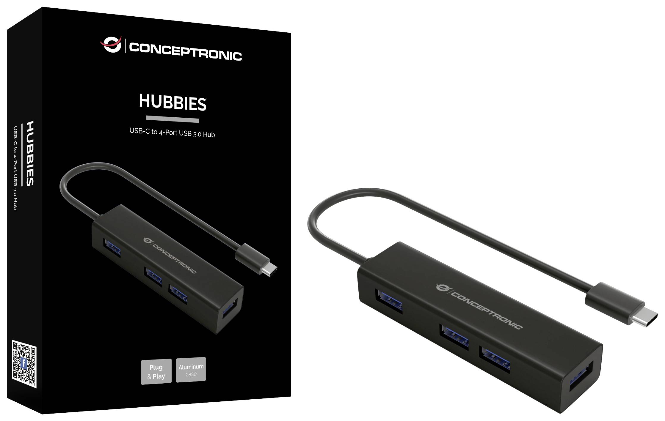 Hub USB-C z 4 portami USB 3.0 firmy Conceptronic. Prezentuje produkt i opakowanie. Główna funkcja: rozszerza możliwości podłączenia urządzeń USB.
