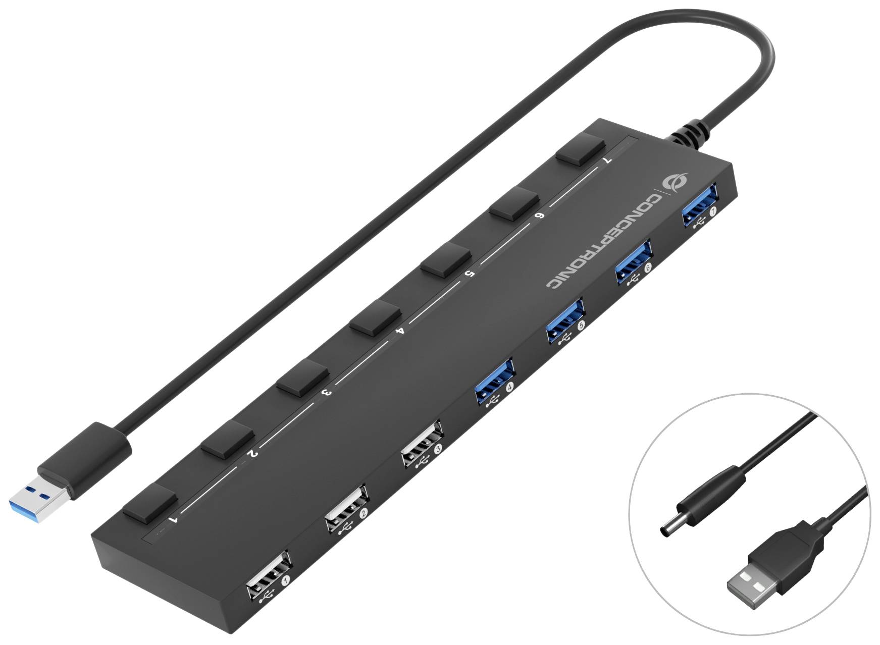 Koncentrator USB z siedmioma portami, w tym trzema portami USB 3.0 i czterema portami USB 2.0, podłączony obok kabla za pomocą wtyczki USB.