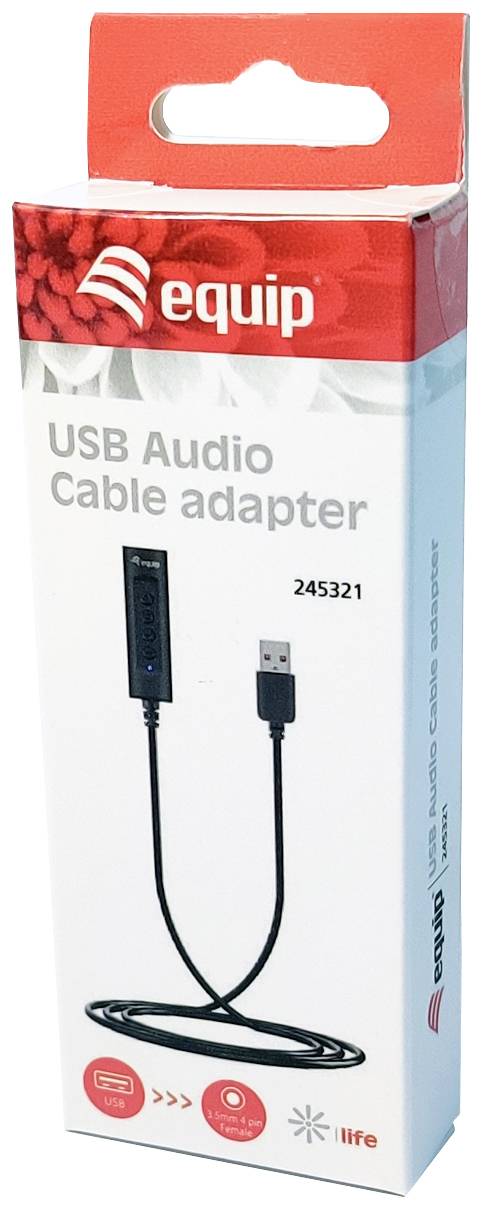 Opakowanie adaptera audio USB marki 'equip'. Zawiera kabel z wtykiem USB i złączem audio.